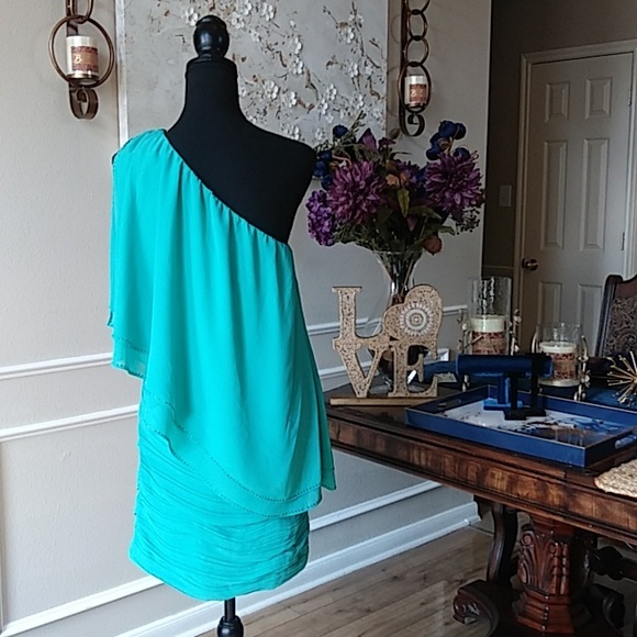 Turquoise Embellished Cocktail Mini Dress By GB. Size M - Picture 7 of 17